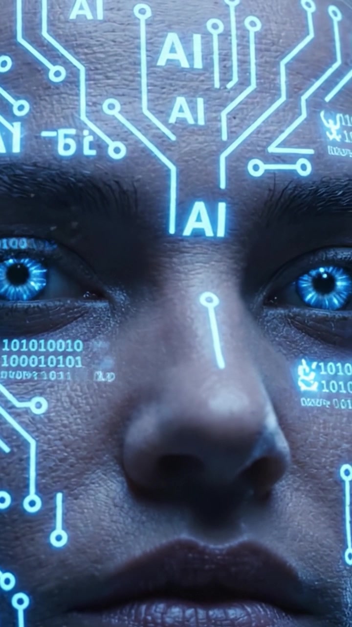 Una rappresentazione artistica di un'interfaccia facciale che si fonde con circuiti digitali, evidenziando il concetto di intelligenza artificiale ed emozione umana in una complessa rappresentazione visiva.