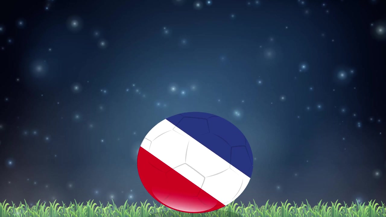 A stylized soccer ball bounces across green grass under a starry night sky background.