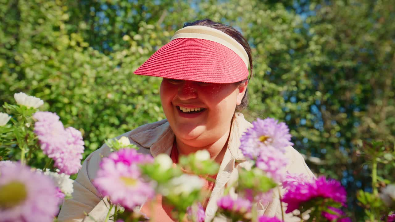 A Joyful Gardener Tending to Vibrant Flowers While Enjoying Nature's Beauty in a Sunlit Garden