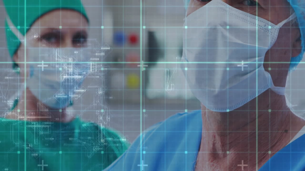 Healthcare professionals in surgical attire with digital data overlay animation