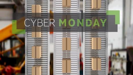 animación del texto de cyber monday sobre cajas de cartón en cintas transportadoras en el almacén