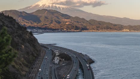 slow tilt up timelapse over highway in japan with mt