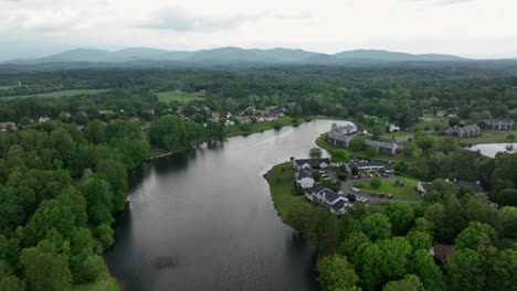 aerial flyover river on american suburb with new developed townhouses. green forest landscape in suburb of virginia. cloudy day in spring. aerial approaching wide shot.