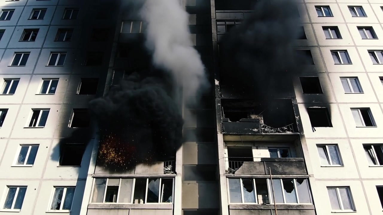 Fumaça com faíscas em varanda queimando fachada de edifício de altura média, emitindo fumaça preta e chamas na rua com detritos caindo.