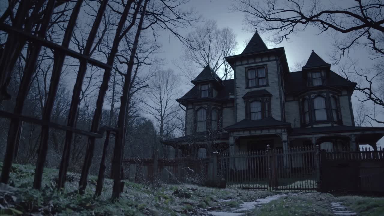 Escena de vídeo inquietante de una mansión victoriana de noche, captada desde un ángulo bajo, enfatizando la oscuridad