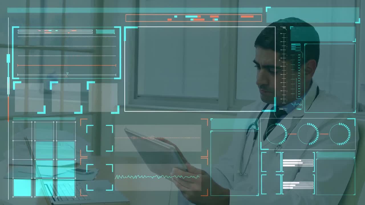 Animation of medical data processing over biracial male doctor using tablet