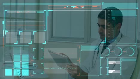 animación del procesamiento de datos médicos sobre un médico masculino biracial que usa una tableta