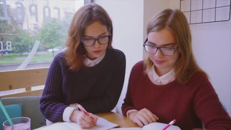 dos chicas estudiando en un café
