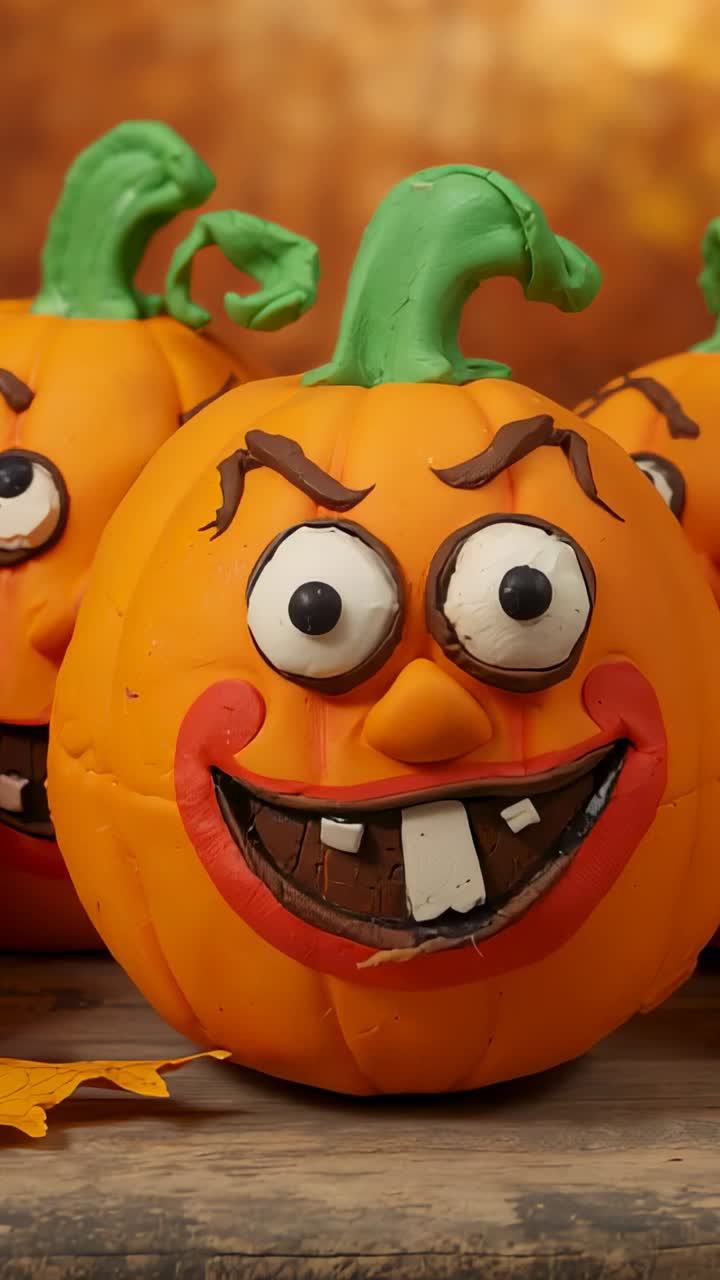 Vertical video: Opening closeup on cartoon pumpkin staying in craft corner with blurred pumpkin