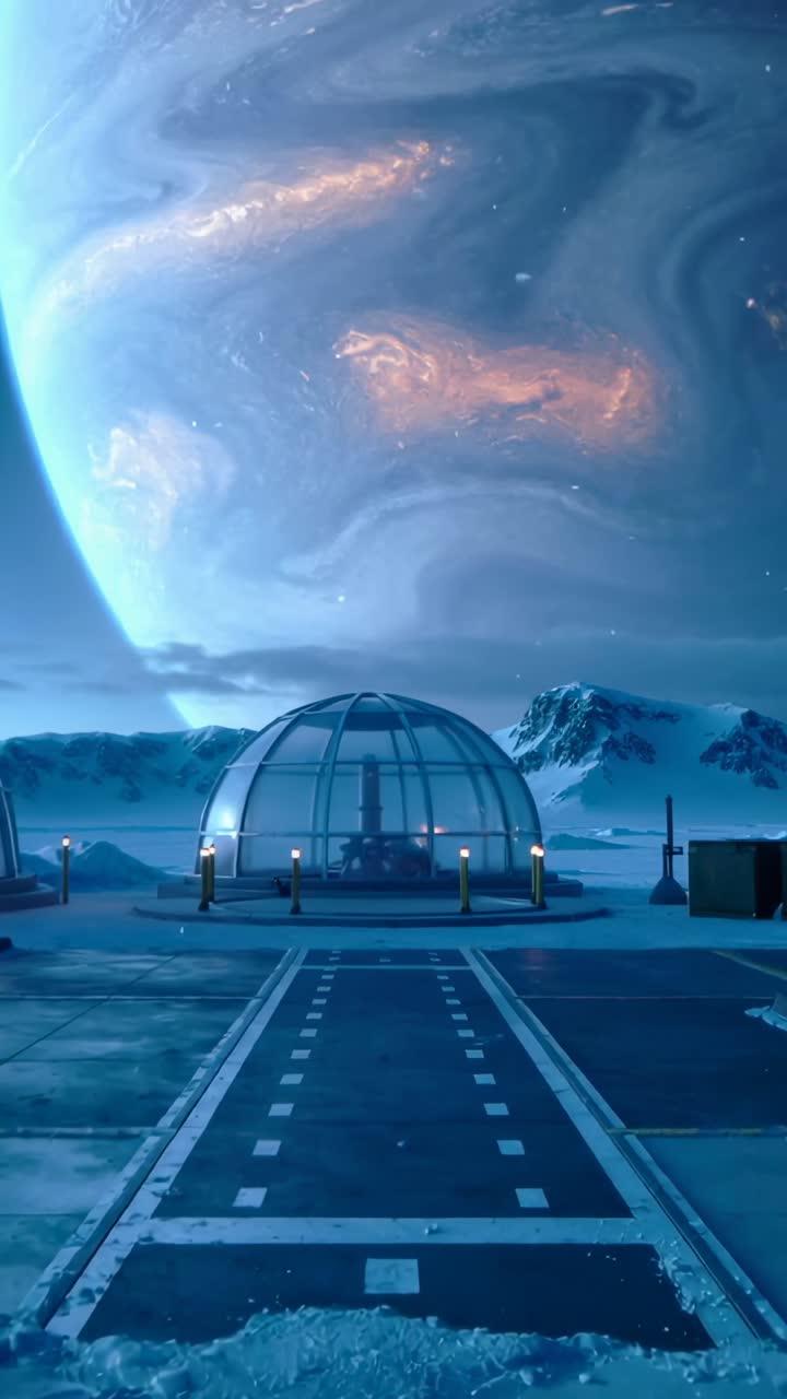 Vertical video: Framing central dome glowing for research at polar runway, with lights, gas-giant