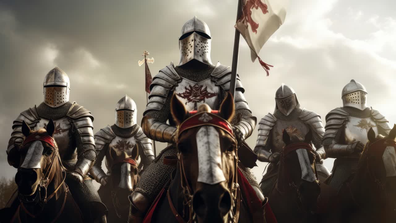 Dramatic low-angle shot of armored knights on horseback, holding a flag