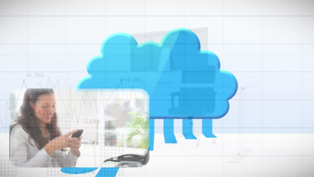 Animation of data processing over diverse business people in office