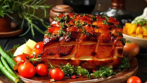 a large piece of ham on a wooden platter with vegetables on a table