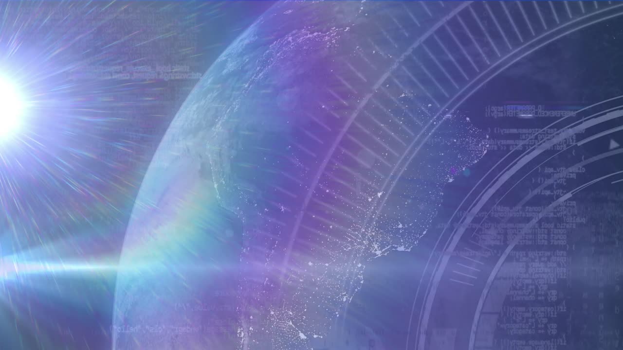 파란색 배경에 대한 전 세계에 대한 빛 점의 애니메이션과 데이터 처리