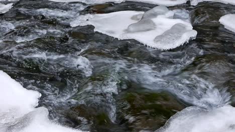 closeup of a fast moving river flowing through snow and ice covered rocks in early spring