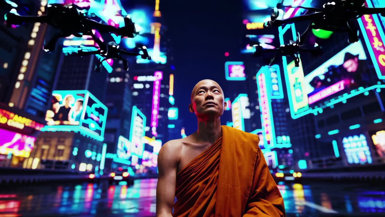 monje medita en la ciudad nocturna futurista con drones