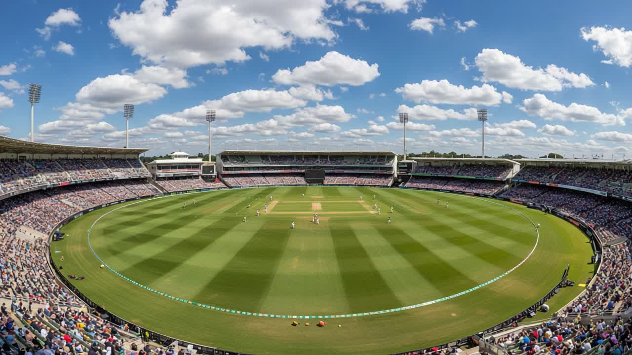 A Stunning Panoramic View of a Thrilling Cricket Match, Captured Under a Brilliant Blue Sky with Fluffy Clouds, Showcasing a Vibrant Crowd Cheering on Their Teams