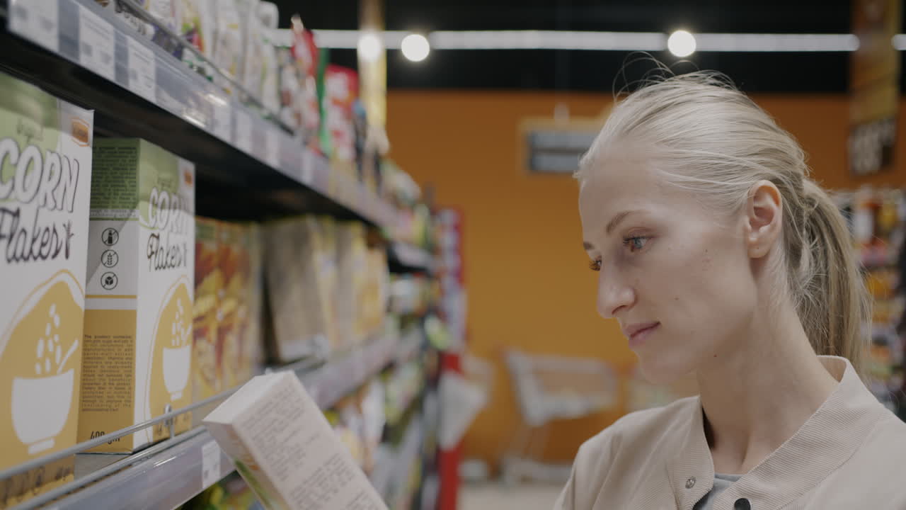 Woman Shopping for Cereal in a Grocery Store
