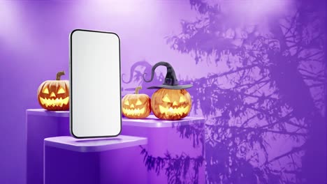 Maqueta-De-Teléfono-Inteligente-Con-Tres-Jack-o&#39;-lanterns,-Sobre-Fondo-Morado