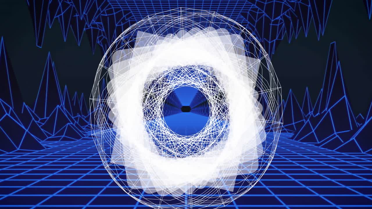 여러 개의  ⁇ 색 기하학적 모양의 애니메이션이 배경에 파란색 그리드와 함께 끊임없는 루프로 회전합니다.