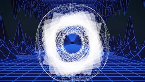 Animation-of-multiple-white-geometric-shapes-spinning-on-seamless-loop-with-blue-grid-in-background
