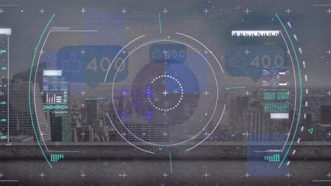Animation of icons with growing numbers and scope scanning over cityscape