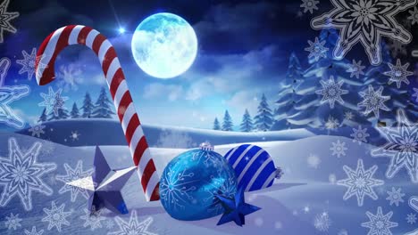 animation of snow falling over christmas decorations and winter scenery