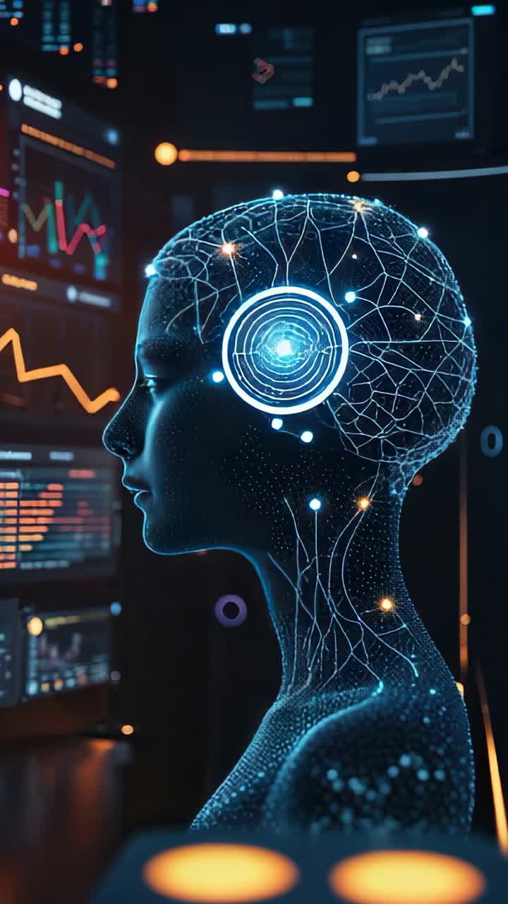 Vertical video: Data streaming pulsing head circuitry rotating ring in hub with panels, copy space