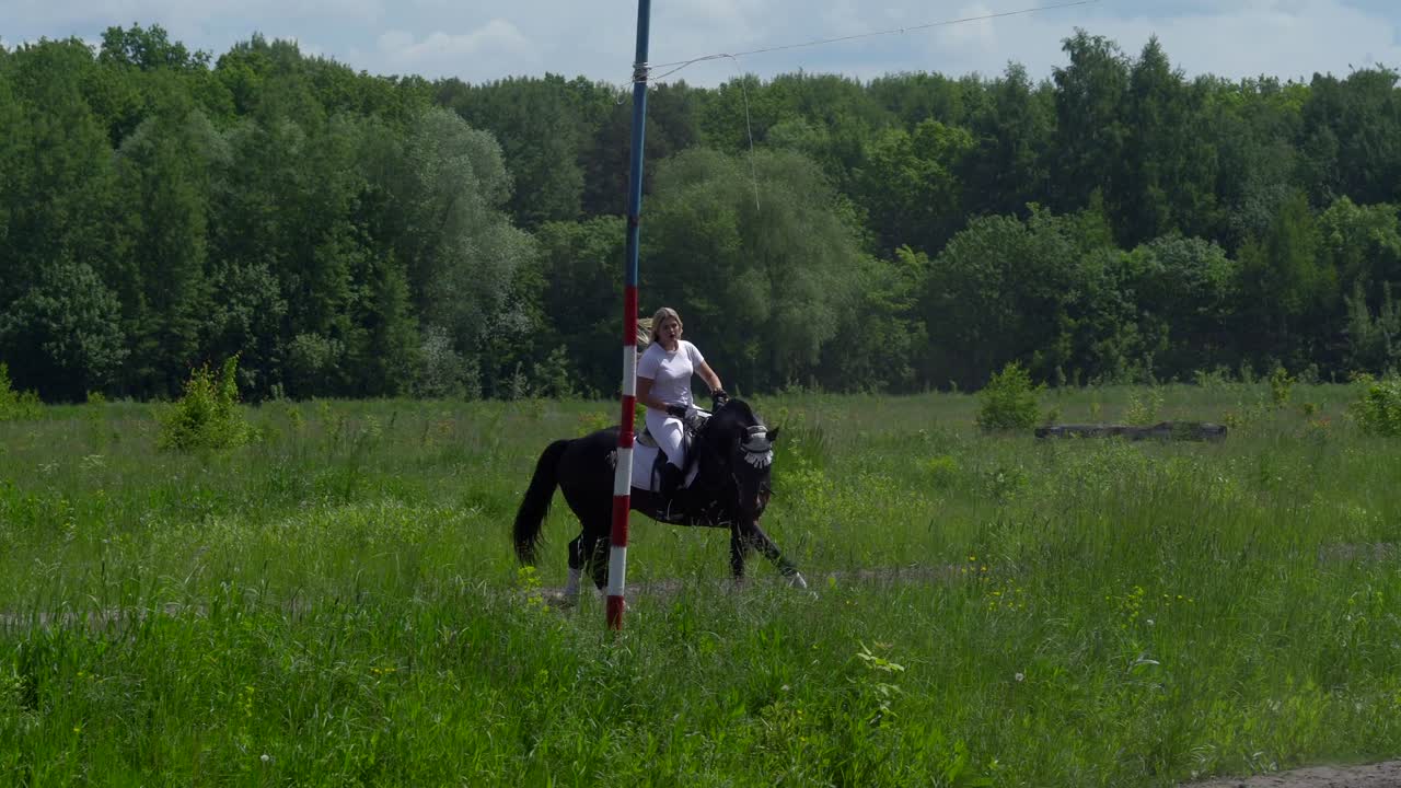 En vacker flicka med vitt hår och vita kläder rider en svartbrun hingst. Flickan får hästen att utföra olika vackra rörelser. Flickans hår fladdrar i vinden. Solig sommardag på en grön glänta.