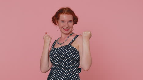 stylish cute redhead woman shouting, celebrating success, winning, birthday, lottery goal achievemen