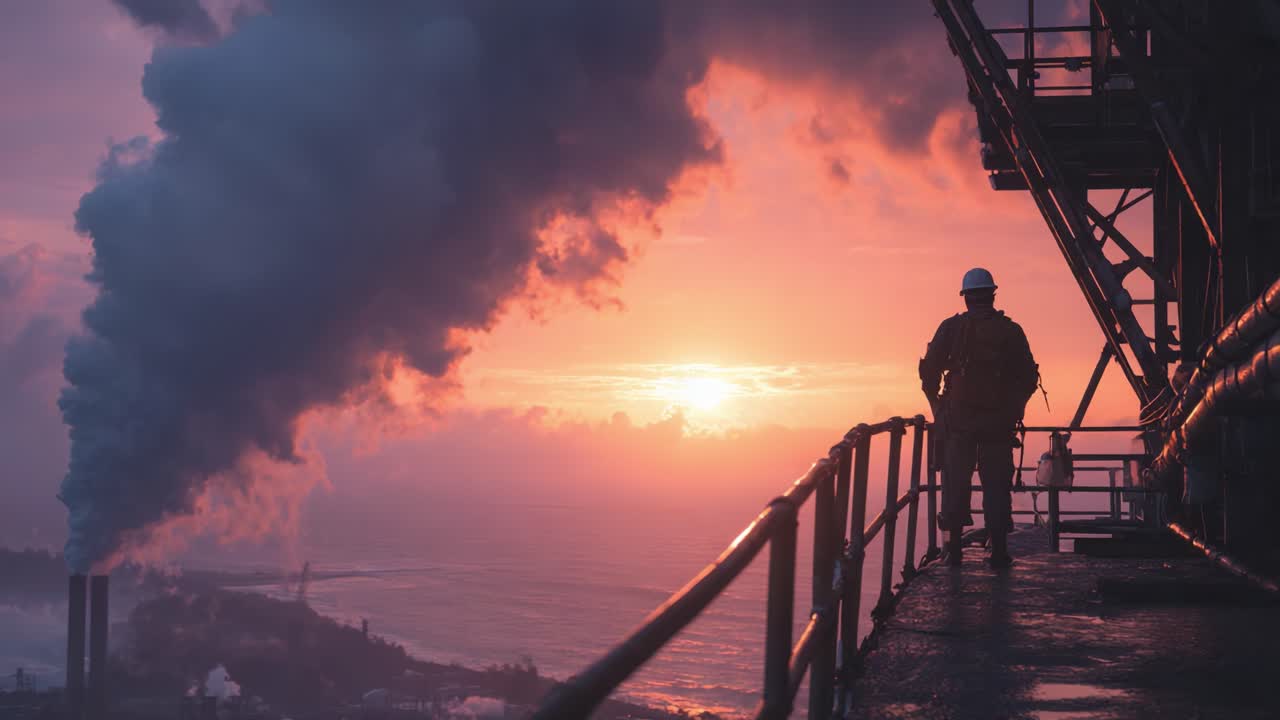 A lone worker stands on a metal platform, silhouetted against a breathtaking sunset sky, with industrial smoke billowing in the background, illustrating the intersection of nature and industry