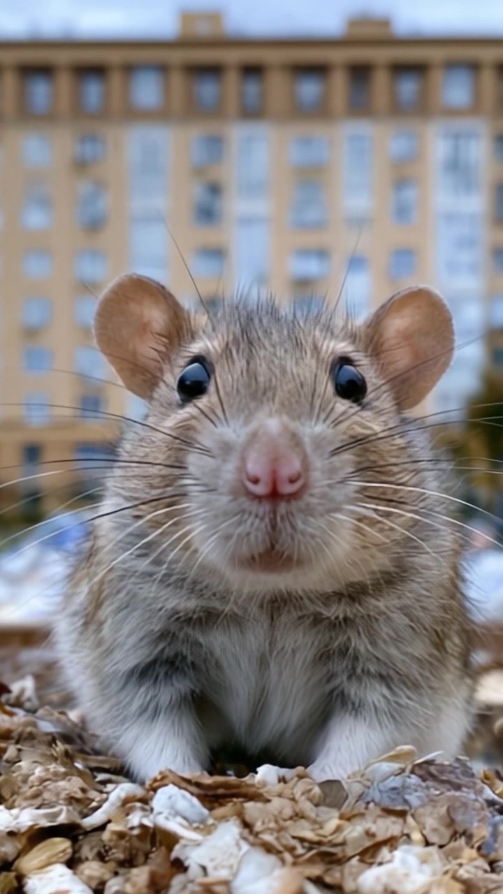 Roditore curioso: un incontro ravvicinato con un ratto amichevole che esplora il suo habitat urbano circondato da materiali naturali e strutture artificiali