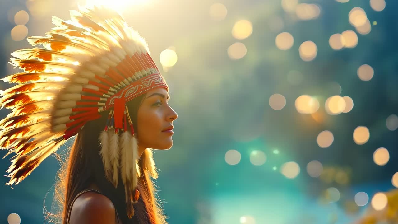 A woman wearing a red and white headdress standing in front of a lake