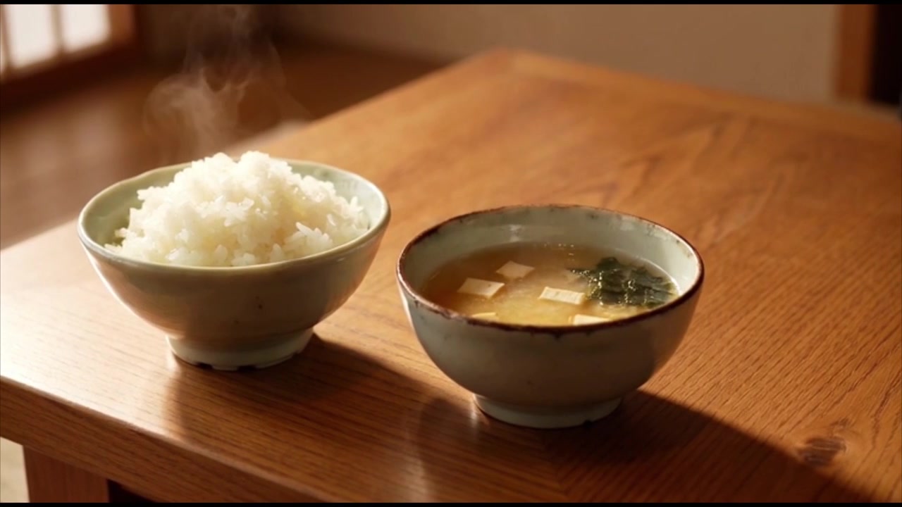 人が湯気の立つご飯の横に味噌汁の椀を置いている