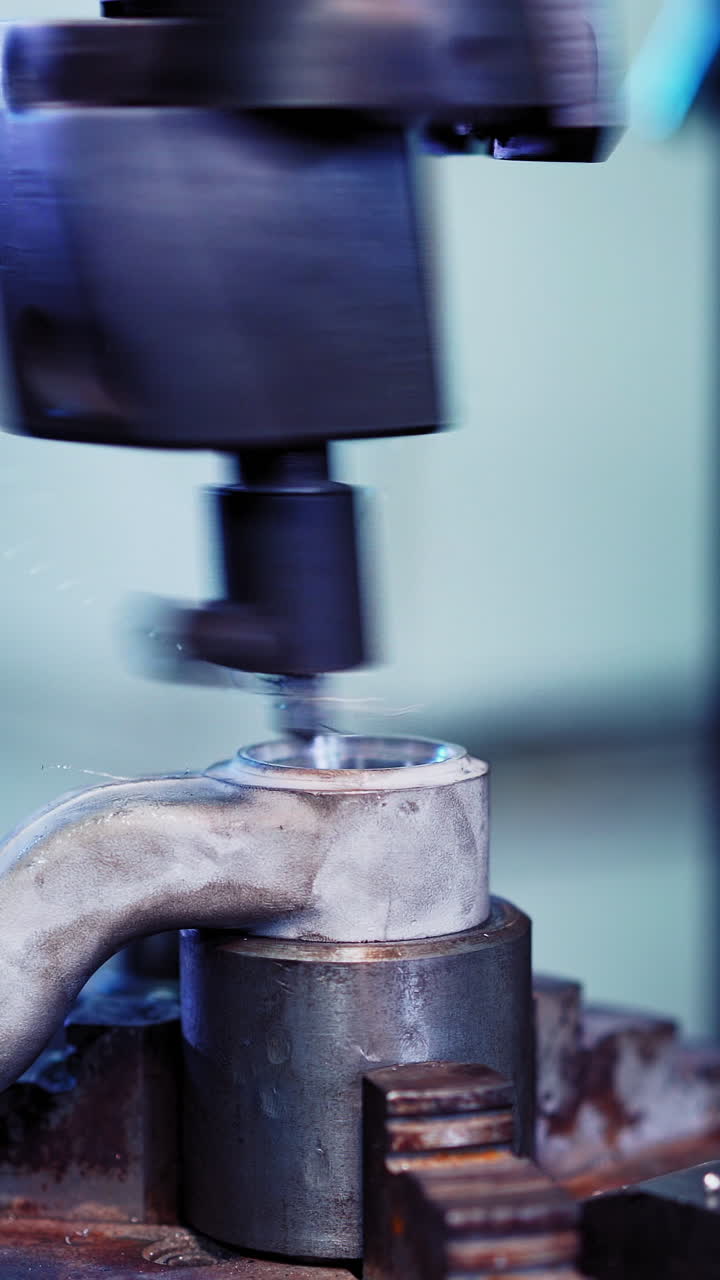 Factory Industrial Machine. Machine tool in metal factory with drilling. Vertical video