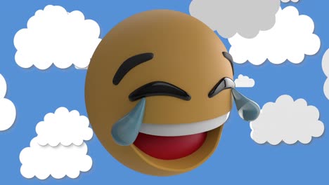 Animation-of-smiling-emoji-icon-with-clouds-on-blue-background