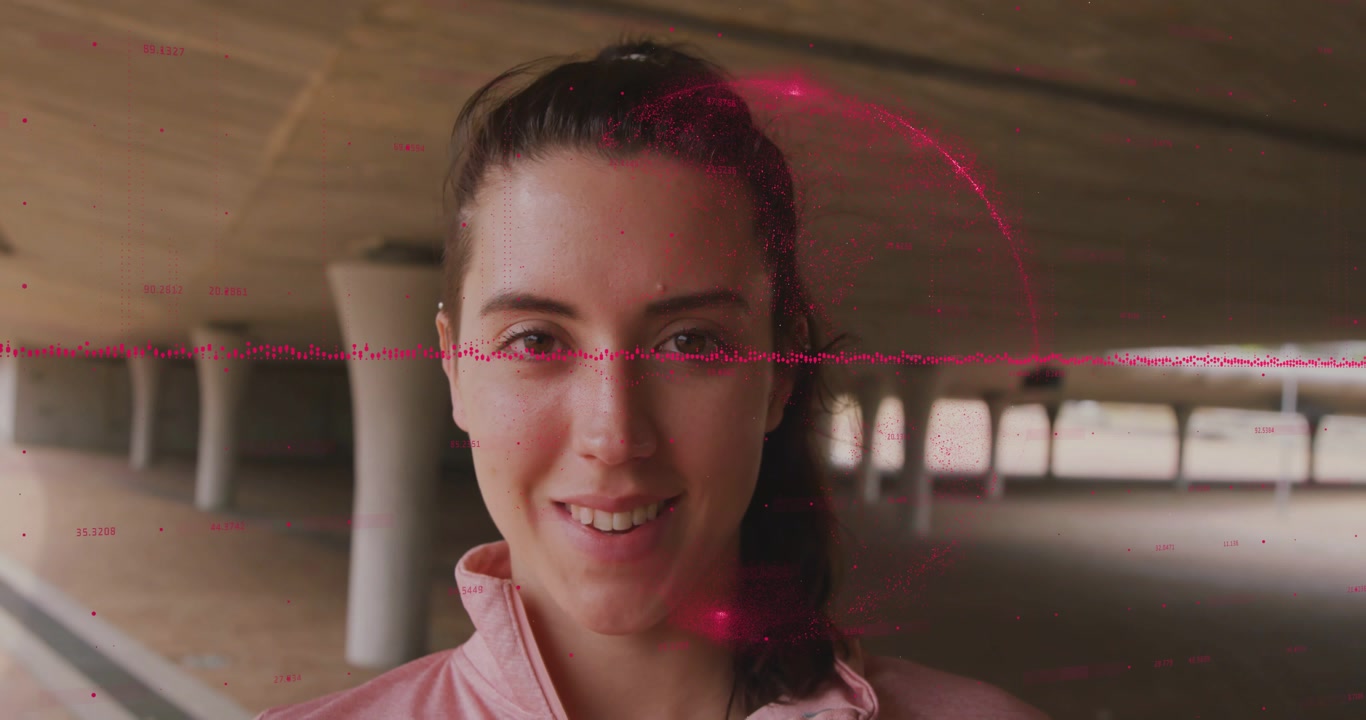 Woman gazing under pillars initiating health scan with red scanlines, forming glowing AR ring