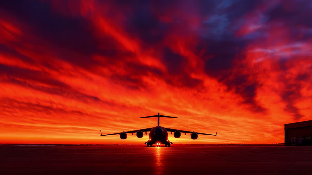 A Stunning Atmospheric Scene Capturing a Large Aircraft Against a Dramatic Sunset Sky Filled with Vibrant Colors, Highlighting the Beauty of Aviation and Nature's Palette