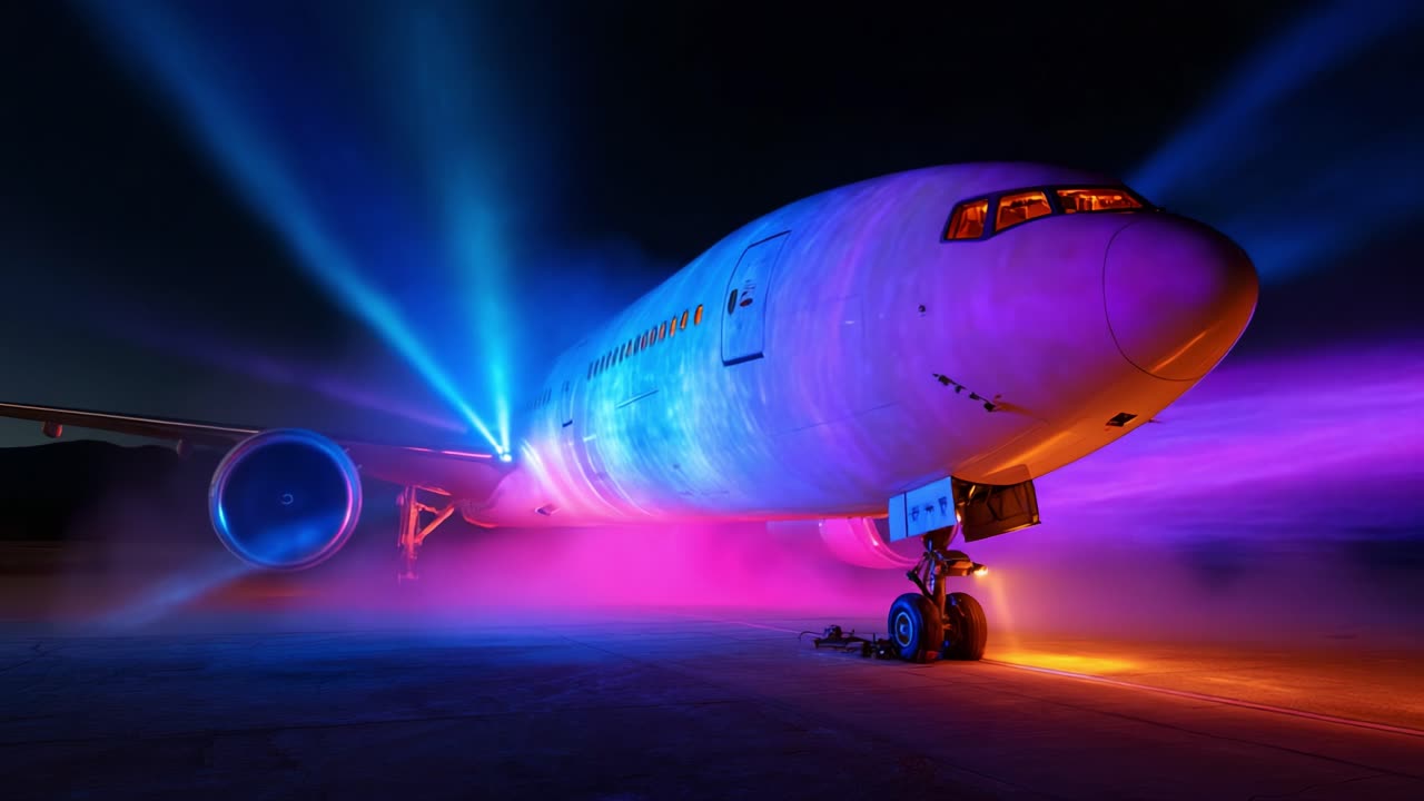A Stunning Display of Light and Color Illuminates a Commercial Jetliner on the Tarmac, Creating an Enchanting Atmosphere that Captivates the Night Sky with Vibrant Hues and Technology