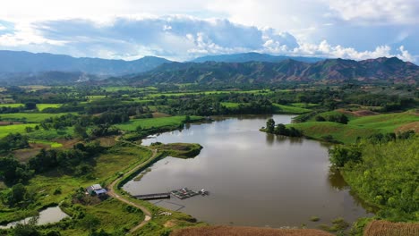 aerial pull shot of a lake in a tropical place