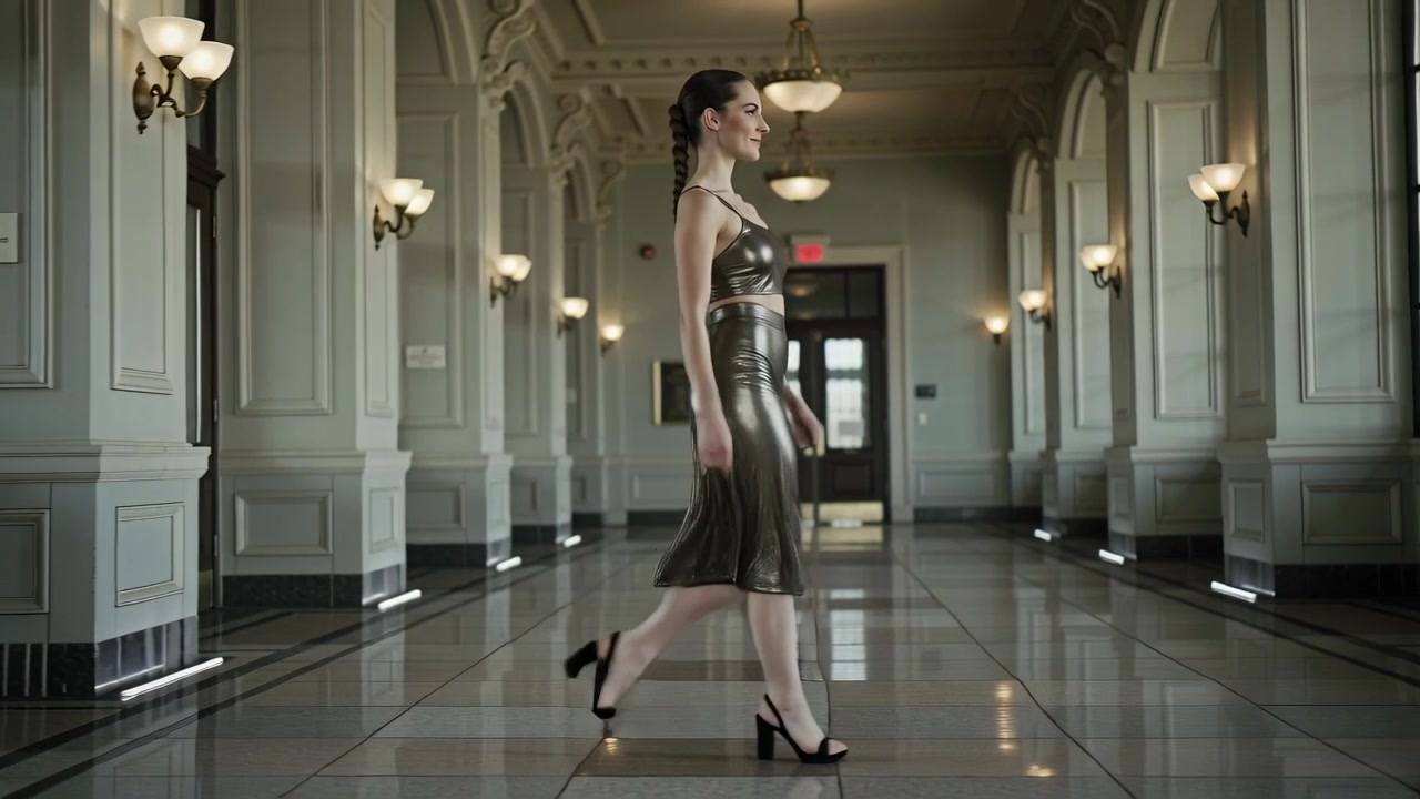 Walking female model striding through grand hotel corridor, showing metallic dress