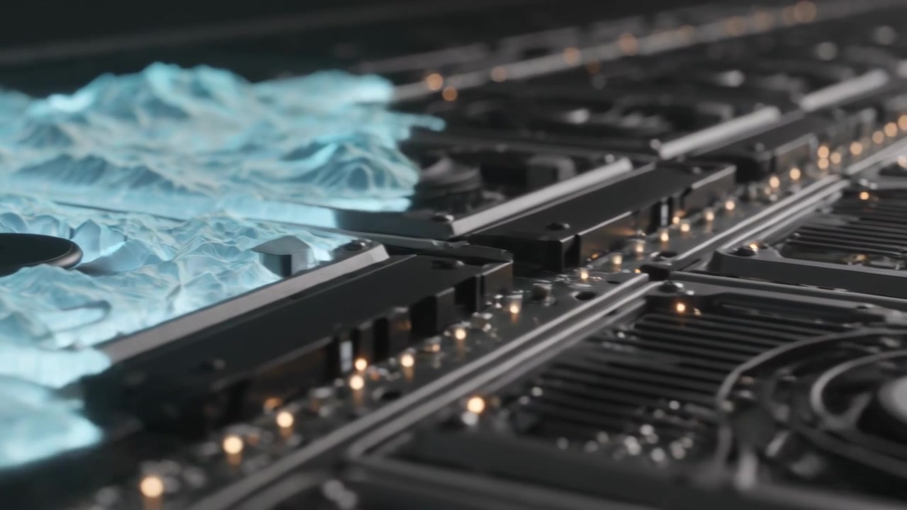 Flowing cyan wave propagating from left across black modules in studio, passing fans, lighting LEDs