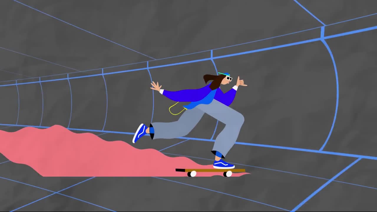 도시 터널에서 스케이트보드를 타고 움직이는 사람의 애니메이션