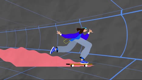 animación de una persona montando en un patineta en un túnel urbano en movimiento