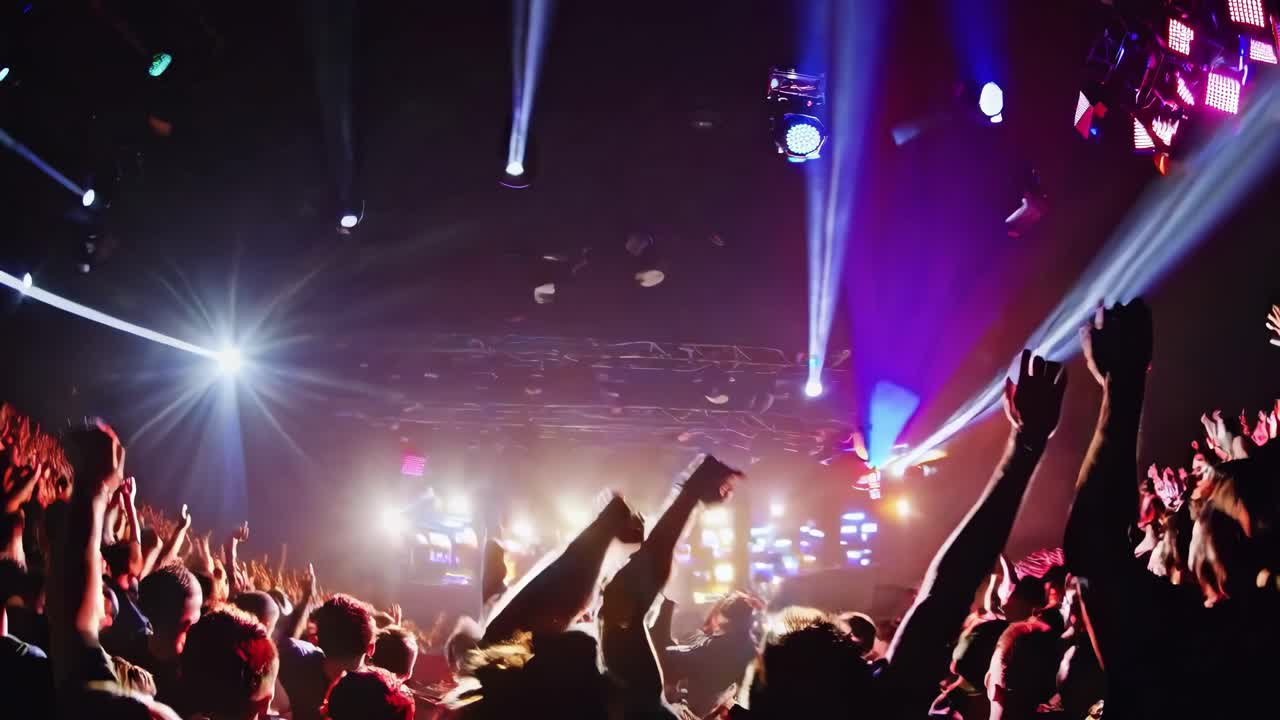 High-energy concert video scene with a low-angle shot, capturing silhouettes of a cheering crowd