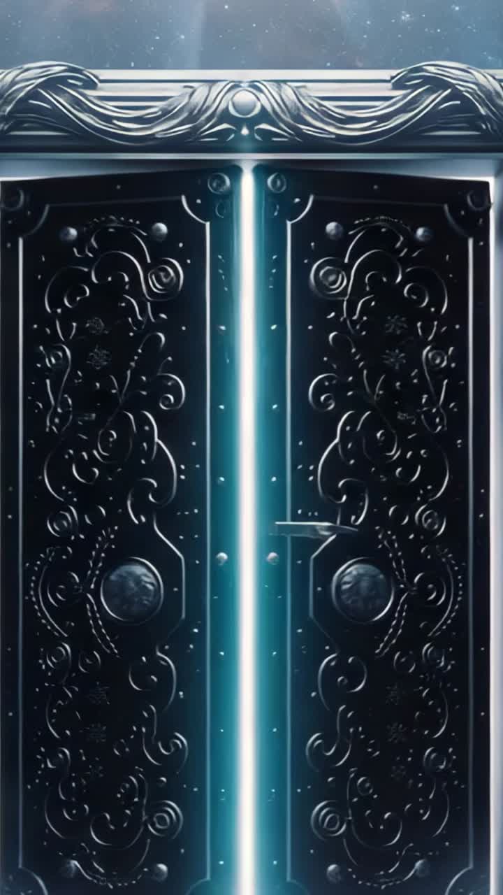 Vertical video: Soft glow sparking carved doors sliding open at portal revealing cyan-white beam