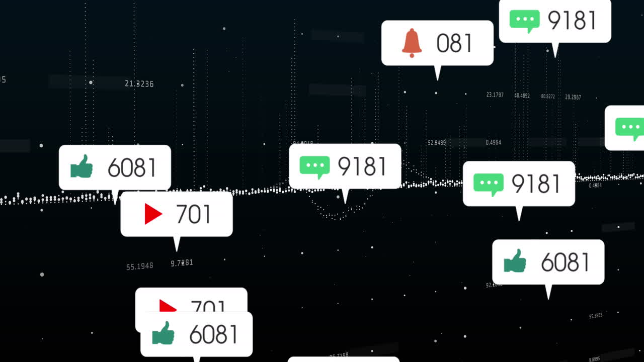 검은색 배경에 대한 데이터 처리 위에 떠다니는 소셜 미디어 아이콘의 애니메이션