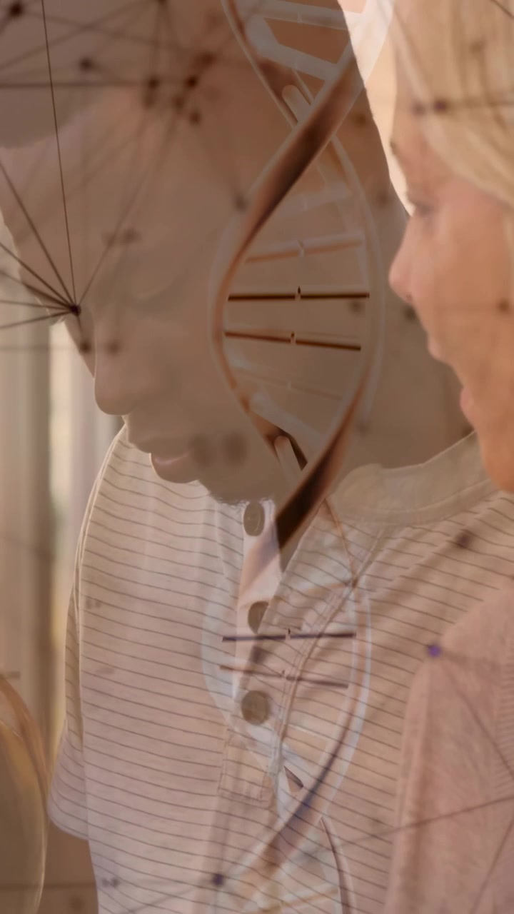 Vertical video: Man and woman leaning in holding device overlaying DNA network on faces for health