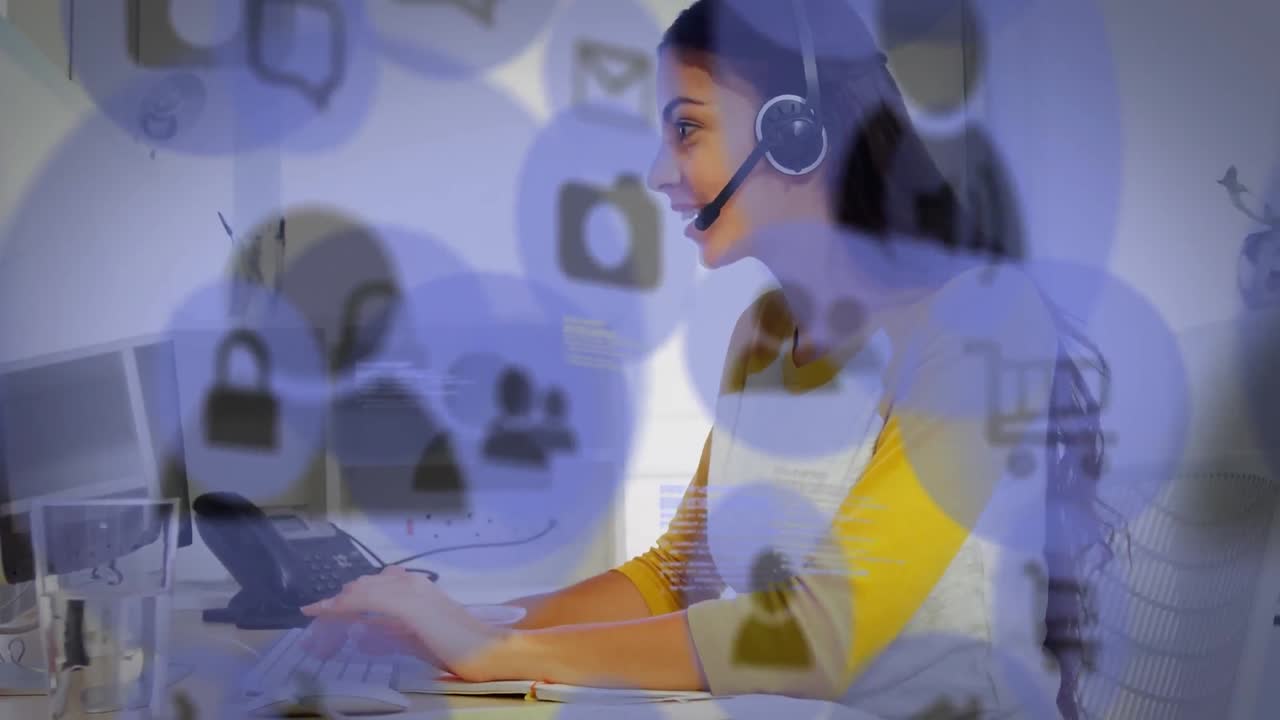 animación de una mujer de raza mixta hablando con auriculares sobre iconos azules