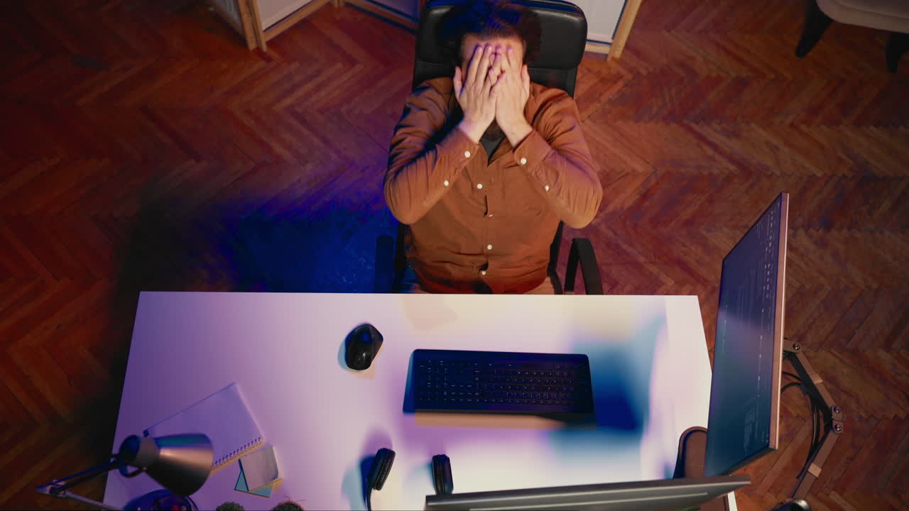 Top down view of software engineer putting face in hands in frustration